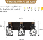 Farmhouse Bathroom Vanity Light, 3-Light Wood Bathroom Light Fixtures Over Mirror, Black Industrial Vanity Lights with Metal Shade, Rustic Bathroom Lighting for Bedroom Living Room Hallway