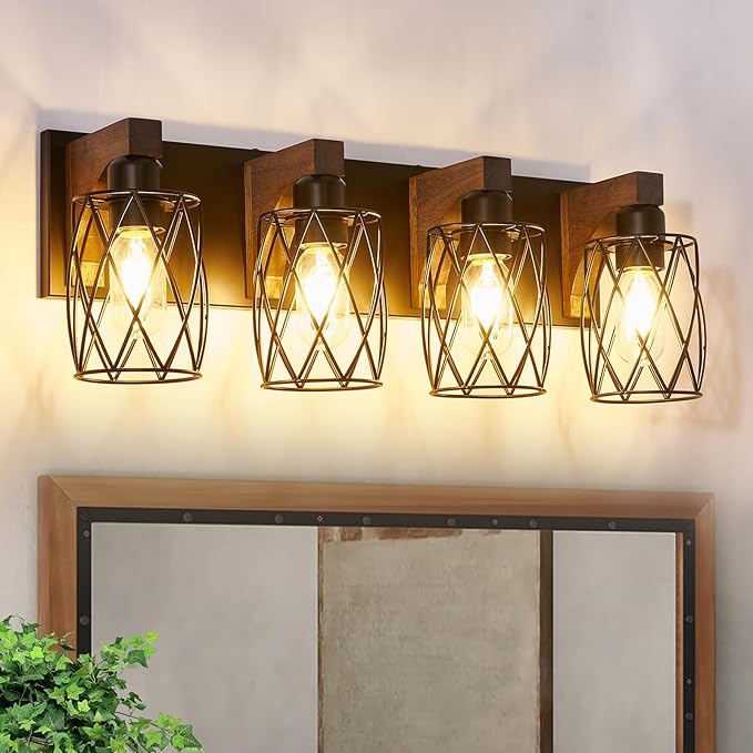 Farmhouse Bathroom Vanity Light, 3-Light Wood Bathroom Light Fixtures Over Mirror, Black Industrial Vanity Lights with Metal Shade, Rustic Bathroom Lighting for Bedroom Living Room Hallway