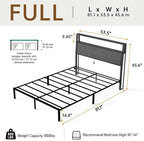 Full Size Bed Frame with Headboard, Metal Platform Bed Frame with LED Lights & Charging Station, Under Bed Storage, Solid and Stable, No Box Spring Needed, Noise Free, Easy Assembly, Dark Grey
