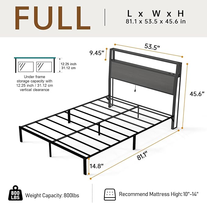 Full Size Bed Frame with Headboard, Metal Platform Bed Frame with LED Lights & Charging Station, Under Bed Storage, Solid and Stable, No Box Spring Needed, Noise Free, Easy Assembly, Dark Grey