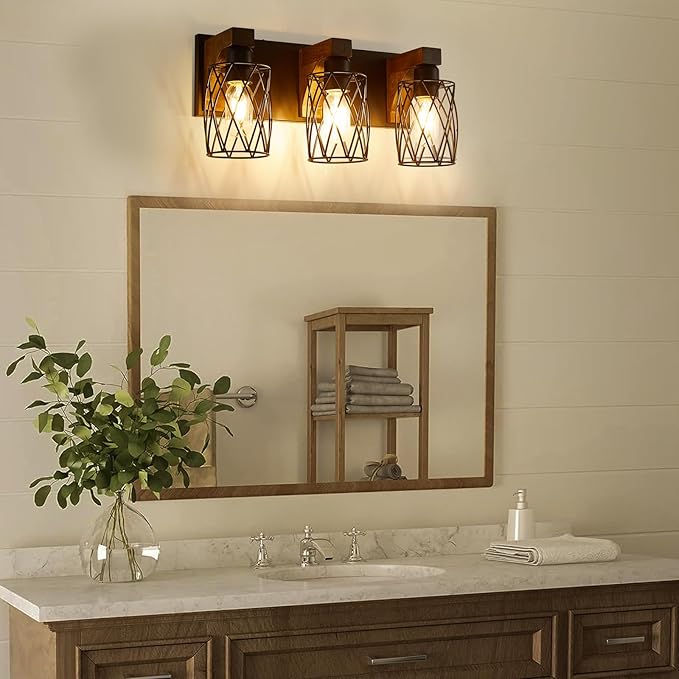 Farmhouse Bathroom Vanity Light, 3-Light Wood Bathroom Light Fixtures Over Mirror, Black Industrial Vanity Lights with Metal Shade, Rustic Bathroom Lighting for Bedroom Living Room Hallway