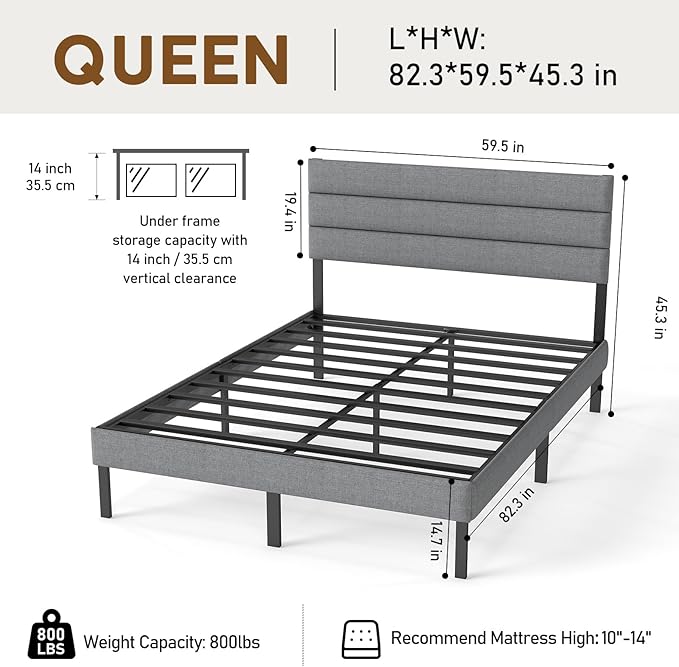 Queen Bed Frame with Linen Upholstered Headboard, Metal Platform Bed Frame Queen Size with 14" Underbed Storage, Metal Slats Support, Noise Free, No Box Spring Needed, Easy Assembly, Grey