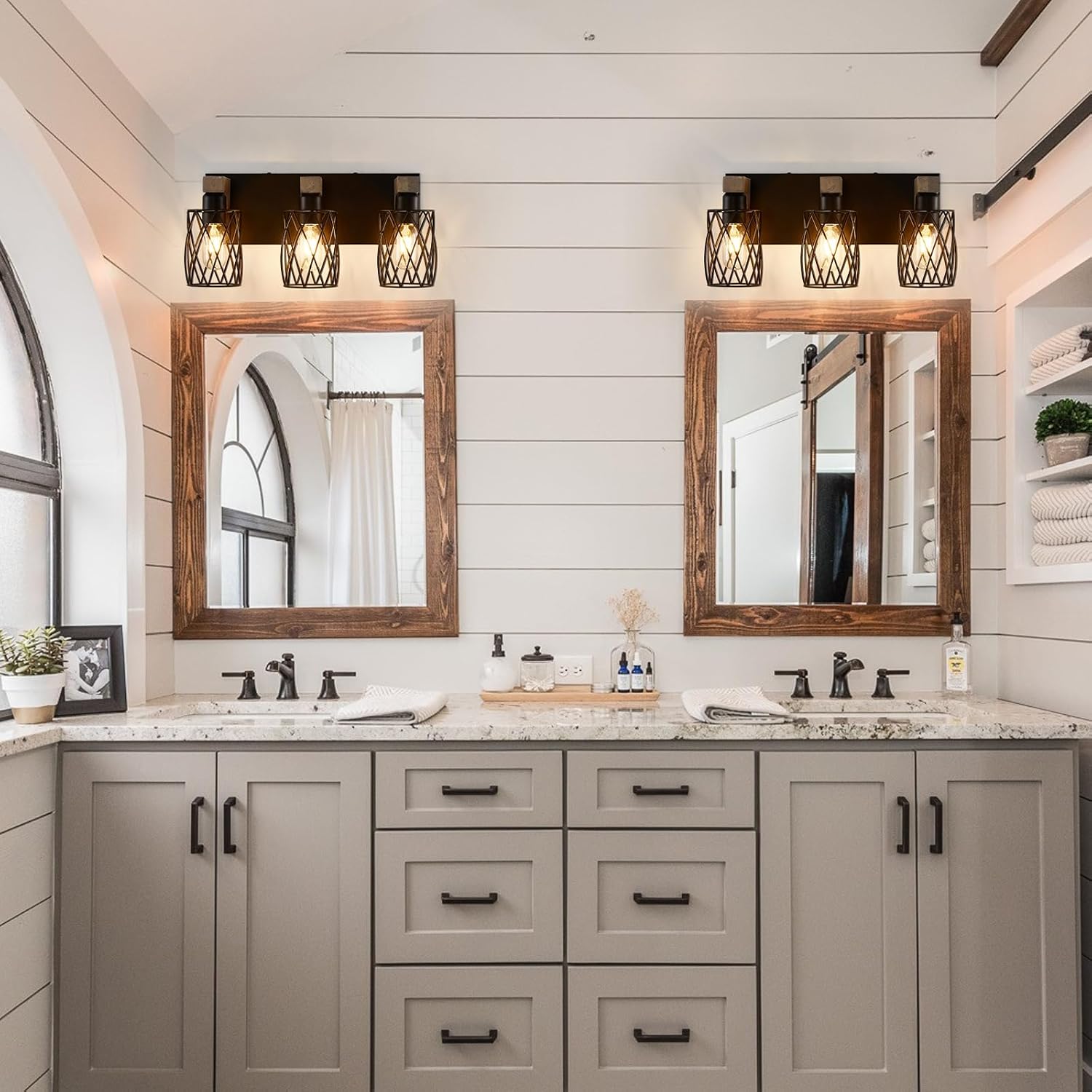 Farmhouse Bathroom Vanity Light, 3-Light Wood Bathroom Light Fixtures Over Mirror, Black Industrial Vanity Lights with Metal Shade, Rustic Bathroom Lighting for Bedroom Living Room Hallway