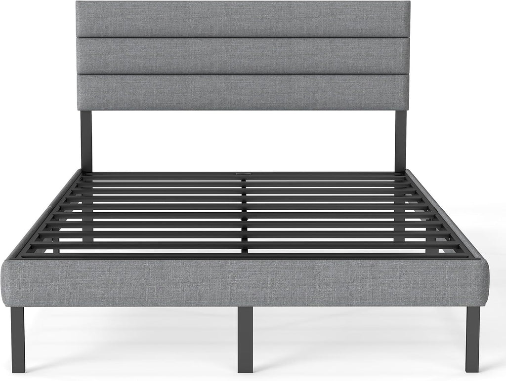 Queen Bed Frame with Linen Upholstered Headboard, Metal Platform Bed Frame Queen Size with 14" Underbed Storage, Metal Slats Support, Noise Free, No Box Spring Needed, Easy Assembly, Grey