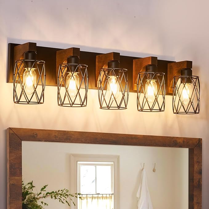 Farmhouse Bathroom Vanity Light, 3-Light Wood Bathroom Light Fixtures Over Mirror, Black Industrial Vanity Lights with Metal Shade, Rustic Bathroom Lighting for Bedroom Living Room Hallway