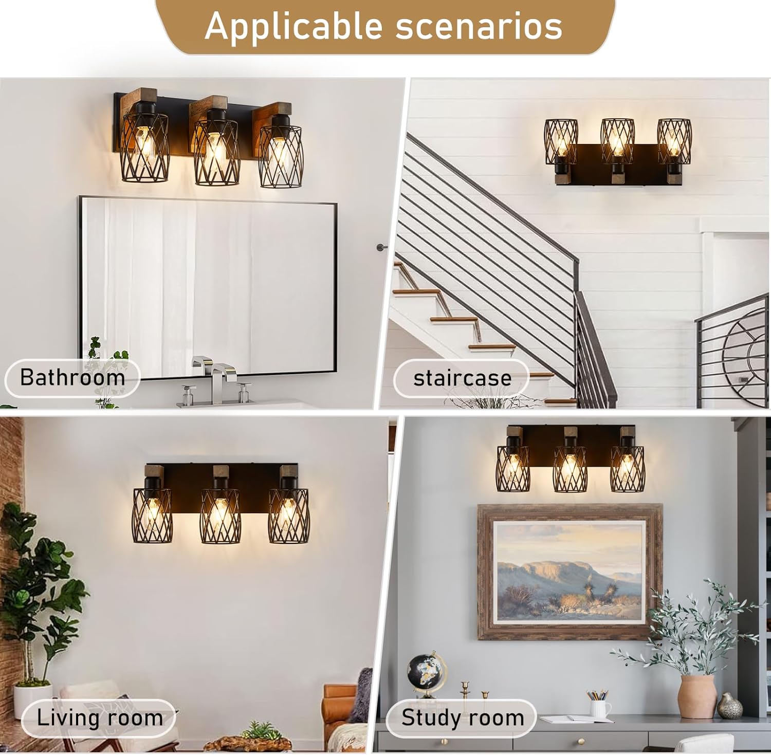 Farmhouse Bathroom Vanity Light, 3-Light Wood Bathroom Light Fixtures Over Mirror, Black Industrial Vanity Lights with Metal Shade, Rustic Bathroom Lighting for Bedroom Living Room Hallway