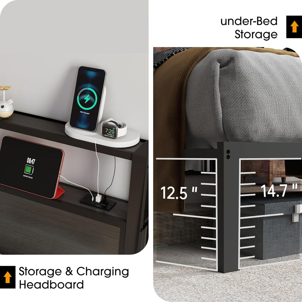 Full Size Bed Frame with Headboard, Metal Platform Bed Frame with LED Lights & Charging Station, Under Bed Storage, Solid and Stable, No Box Spring Needed, Noise Free, Easy Assembly, Dark Grey