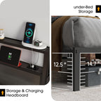Full Size Bed Frame with Headboard, Metal Platform Bed Frame with LED Lights & Charging Station, Under Bed Storage, Solid and Stable, No Box Spring Needed, Noise Free, Easy Assembly, Dark Grey