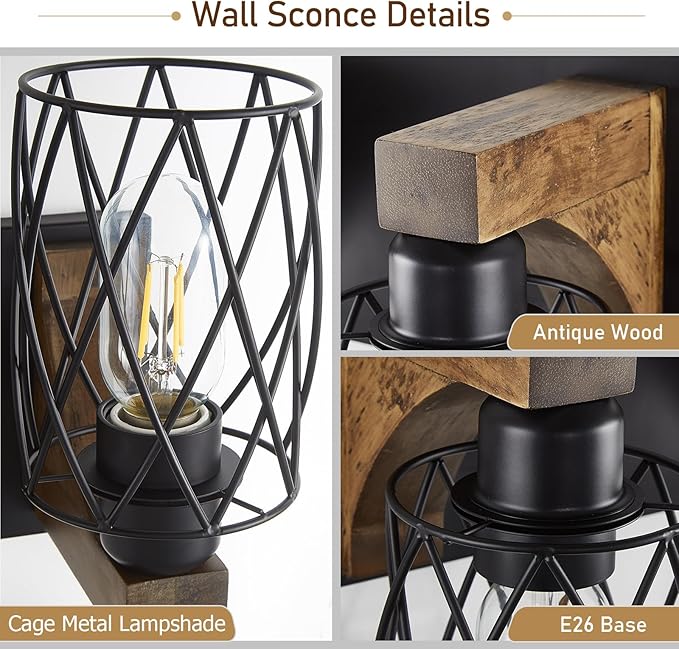 Farmhouse Bathroom Vanity Light, 3-Light Wood Bathroom Light Fixtures Over Mirror, Black Industrial Vanity Lights with Metal Shade, Rustic Bathroom Lighting for Bedroom Living Room Hallway