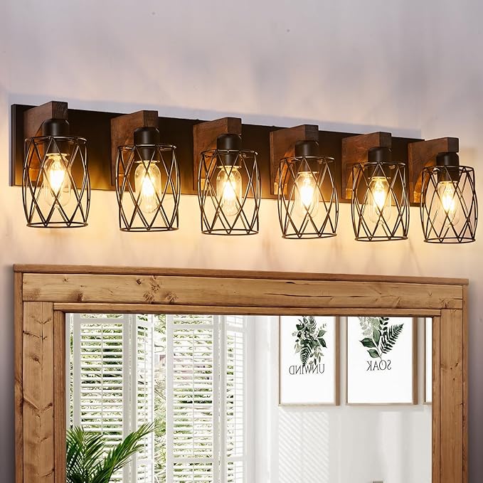 Farmhouse Bathroom Vanity Light, 3-Light Wood Bathroom Light Fixtures Over Mirror, Black Industrial Vanity Lights with Metal Shade, Rustic Bathroom Lighting for Bedroom Living Room Hallway