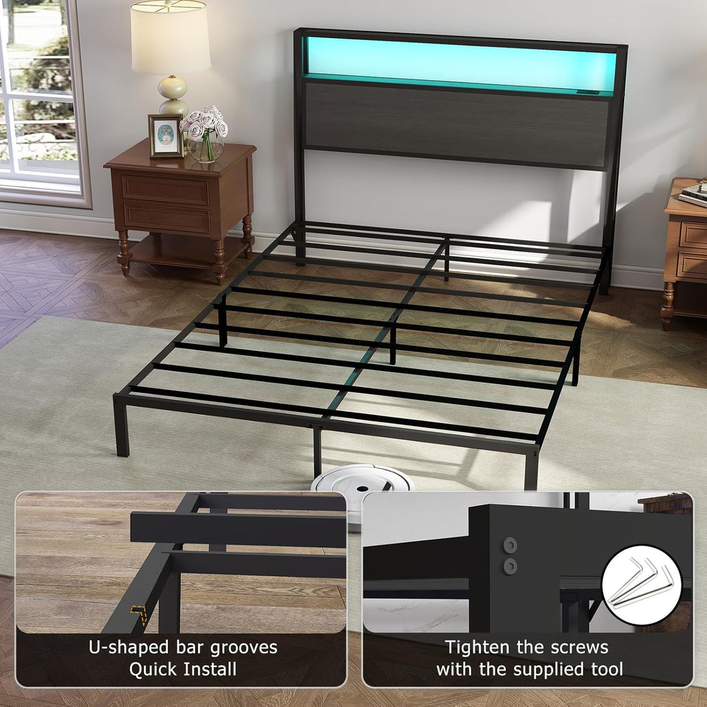 Full Size Bed Frame with Headboard, Metal Platform Bed Frame with LED Lights & Charging Station, Under Bed Storage, Solid and Stable, No Box Spring Needed, Noise Free, Easy Assembly, Dark Grey