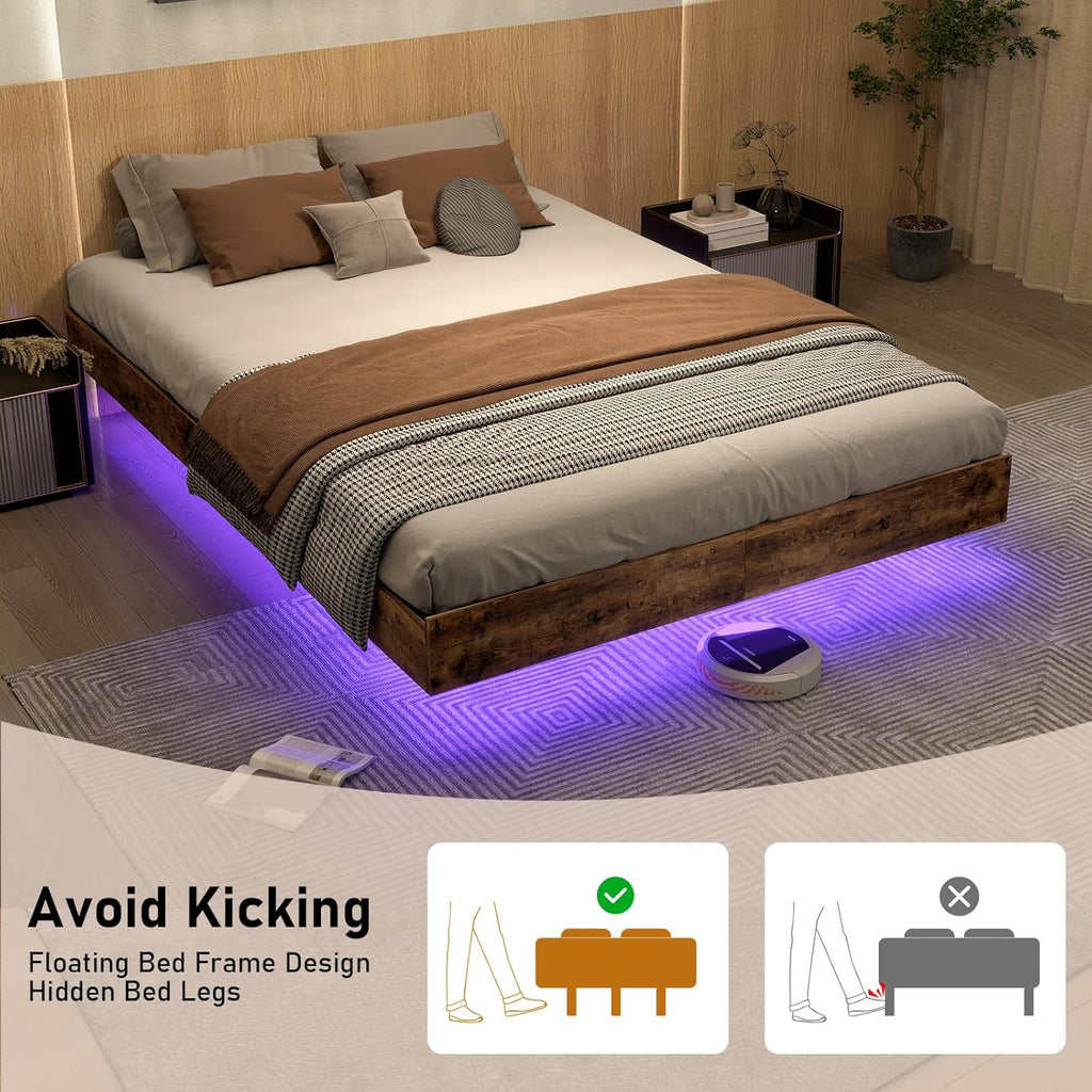 Floating Bed Frame Queen with LED Lights, Metal Platform Queen size Floating Bed Frame with Under Bed Storage, Heavy Duty Steel Slats Support, No Box Spring Needed, Noise Free, Easy Assembly, Brown