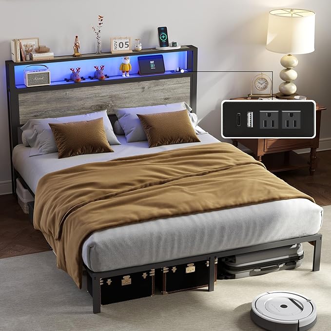 Full Size Bed Frame with Headboard, Metal Platform Bed Frame with LED Lights & Charging Station, Under Bed Storage, Solid and Stable, No Box Spring Needed, Noise Free, Easy Assembly, Dark Grey