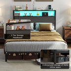 Full Size Bed Frame with Headboard, Metal Platform Bed Frame with LED Lights & Charging Station, Under Bed Storage, Solid and Stable, No Box Spring Needed, Noise Free, Easy Assembly, Dark Grey