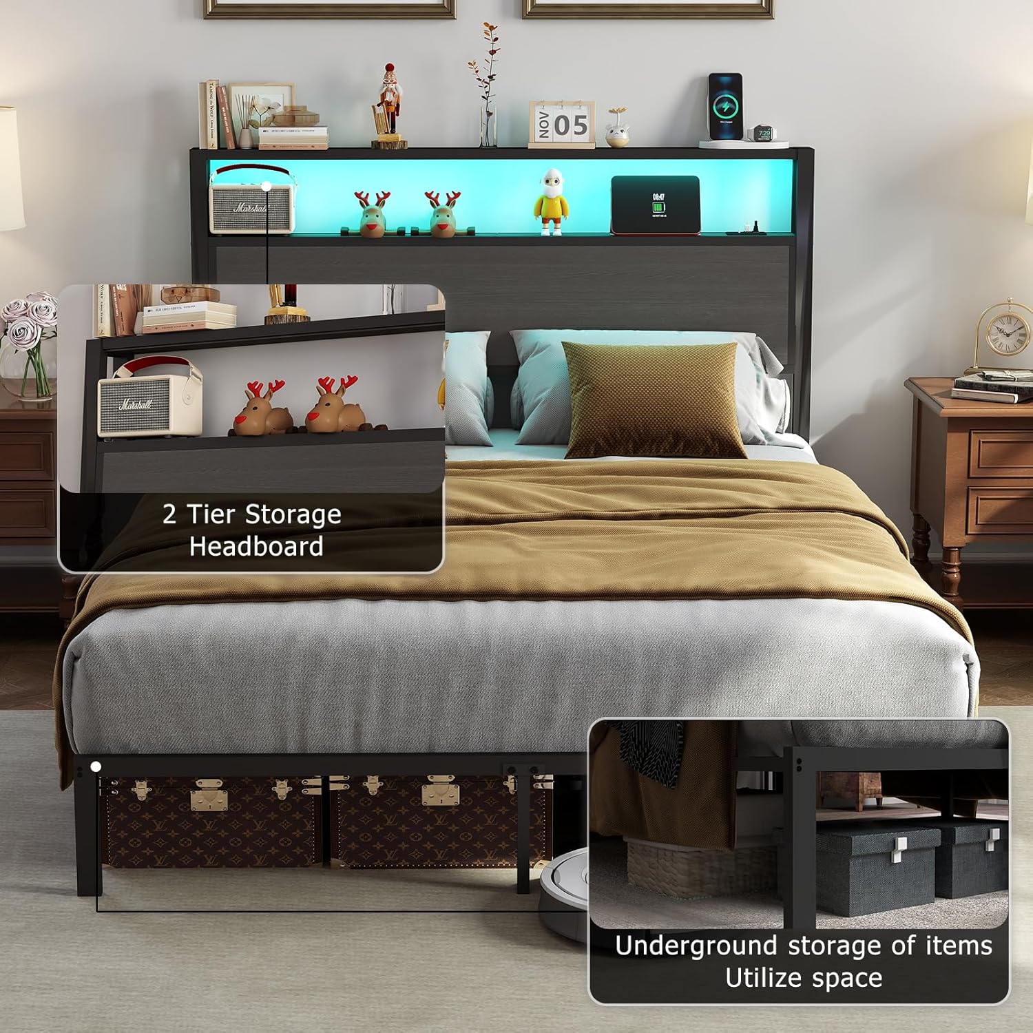 Full Size Bed Frame with Headboard, Metal Platform Bed Frame with LED Lights & Charging Station, Under Bed Storage, Solid and Stable, No Box Spring Needed, Noise Free, Easy Assembly, Dark Grey