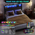 Full Size Bed Frame with Headboard, Metal Platform Bed Frame with LED Lights & Charging Station, Under Bed Storage, Solid and Stable, No Box Spring Needed, Noise Free, Easy Assembly, Dark Grey