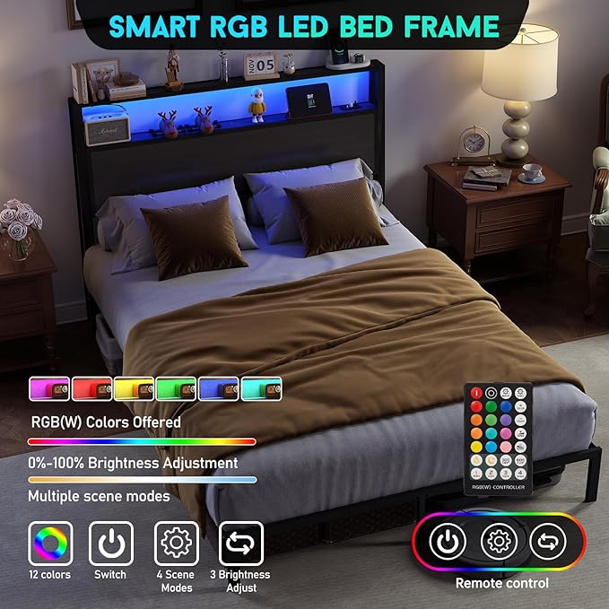 Full Size Bed Frame with Headboard, Metal Platform Bed Frame with LED Lights & Charging Station, Under Bed Storage, Solid and Stable, No Box Spring Needed, Noise Free, Easy Assembly, Dark Grey