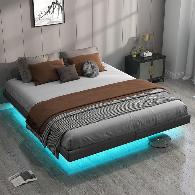 Floating Bed Frame Queen with LED Lights, Metal Platform Queen size Floating Bed Frame with Under Bed Storage, Heavy Duty Steel Slats Support, No Box Spring Needed, Noise Free, Easy Assembly, Brown