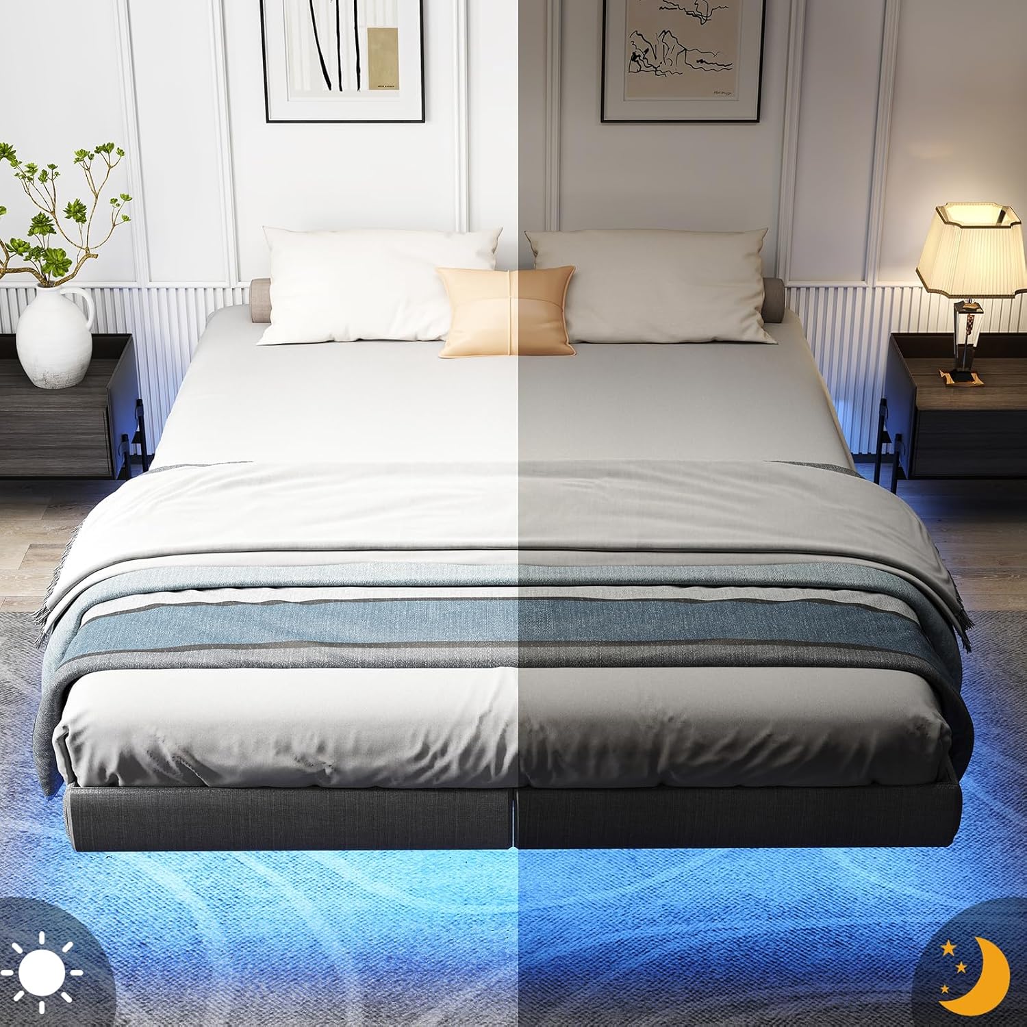 Floating Bed Frame Queen with LED Lights, Metal Platform Queen size Floating Bed Frame with Under Bed Storage, Heavy Duty Steel Slats Support, No Box Spring Needed, Noise Free, Easy Assembly, Brown