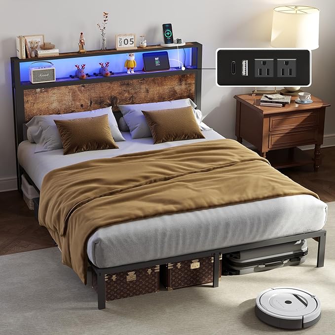 Full Size Bed Frame with Headboard, Metal Platform Bed Frame with LED Lights & Charging Station, Under Bed Storage, Solid and Stable, No Box Spring Needed, Noise Free, Easy Assembly, Dark Grey