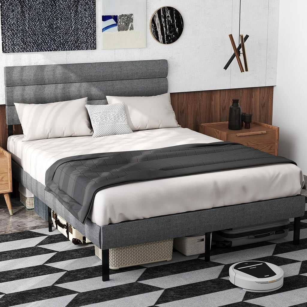 Queen Bed Frame with Linen Upholstered Headboard, Metal Platform Bed Frame Queen Size with 14" Underbed Storage, Metal Slats Support, Noise Free, No Box Spring Needed, Easy Assembly, Grey