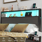 Full Size Bed Frame with Headboard, Metal Platform Bed Frame with LED Lights & Charging Station, Under Bed Storage, Solid and Stable, No Box Spring Needed, Noise Free, Easy Assembly, Dark Grey