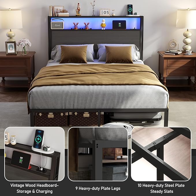 Full Size Bed Frame with Headboard, Metal Platform Bed Frame with LED Lights & Charging Station, Under Bed Storage, Solid and Stable, No Box Spring Needed, Noise Free, Easy Assembly, Dark Grey