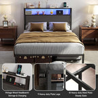 Full Size Bed Frame with Headboard, Metal Platform Bed Frame with LED Lights & Charging Station, Under Bed Storage, Solid and Stable, No Box Spring Needed, Noise Free, Easy Assembly, Dark Grey