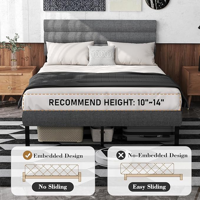 Queen Bed Frame with Linen Upholstered Headboard, Metal Platform Bed Frame Queen Size with 14" Underbed Storage, Metal Slats Support, Noise Free, No Box Spring Needed, Easy Assembly, Grey