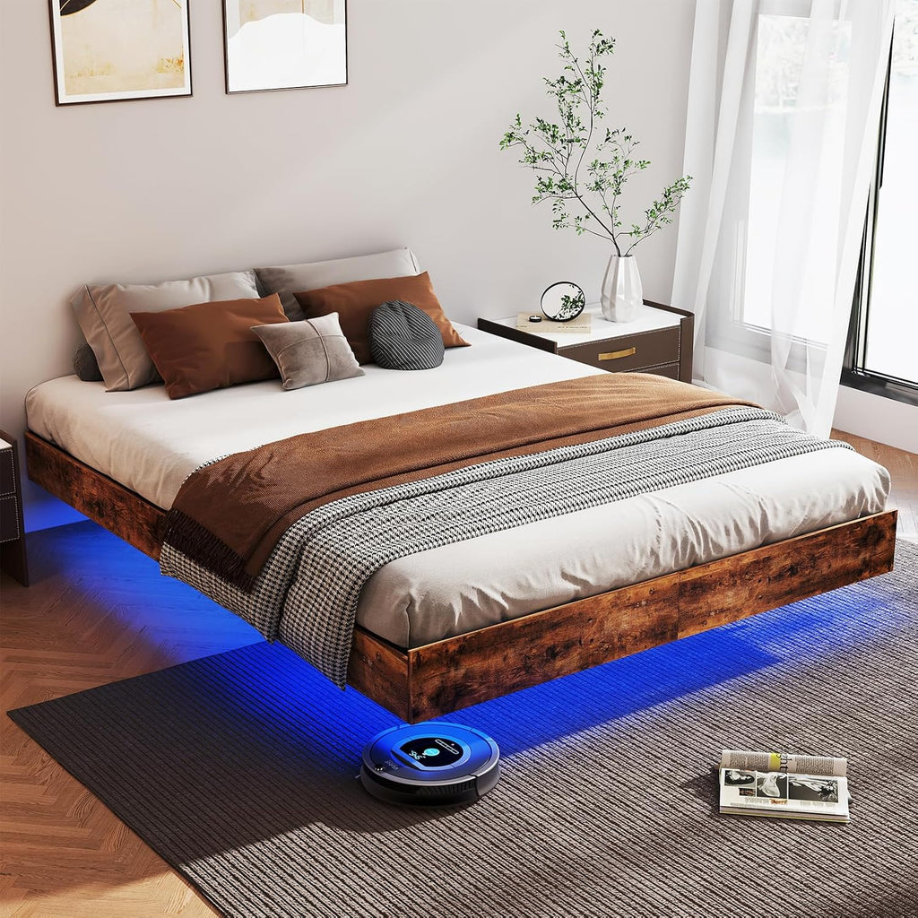 Floating Bed Frame Queen with LED Lights, Metal Platform Queen size Floating Bed Frame with Under Bed Storage, Heavy Duty Steel Slats Support, No Box Spring Needed, Noise Free, Easy Assembly, Brown