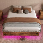 Floating Bed Frame Queen with LED Lights, Metal Platform Queen size Floating Bed Frame with Under Bed Storage, Heavy Duty Steel Slats Support, No Box Spring Needed, Noise Free, Easy Assembly, Brown