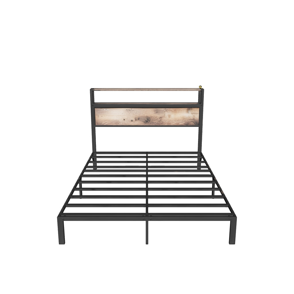 Full Size Bed Frame with Headboard, Metal Platform Bed Frame with LED Lights & Charging Station, Under Bed Storage, Solid and Stable, No Box Spring Needed, Noise Free, Easy Assembly, Dark Grey